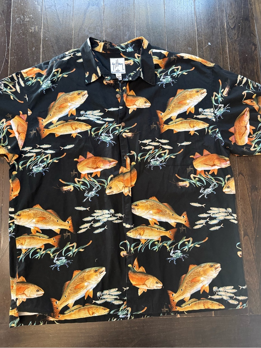 Guy Harvey Redfish Fishing Shirt 3XL Made USA Bluewater Wear AOP Camp Button Up